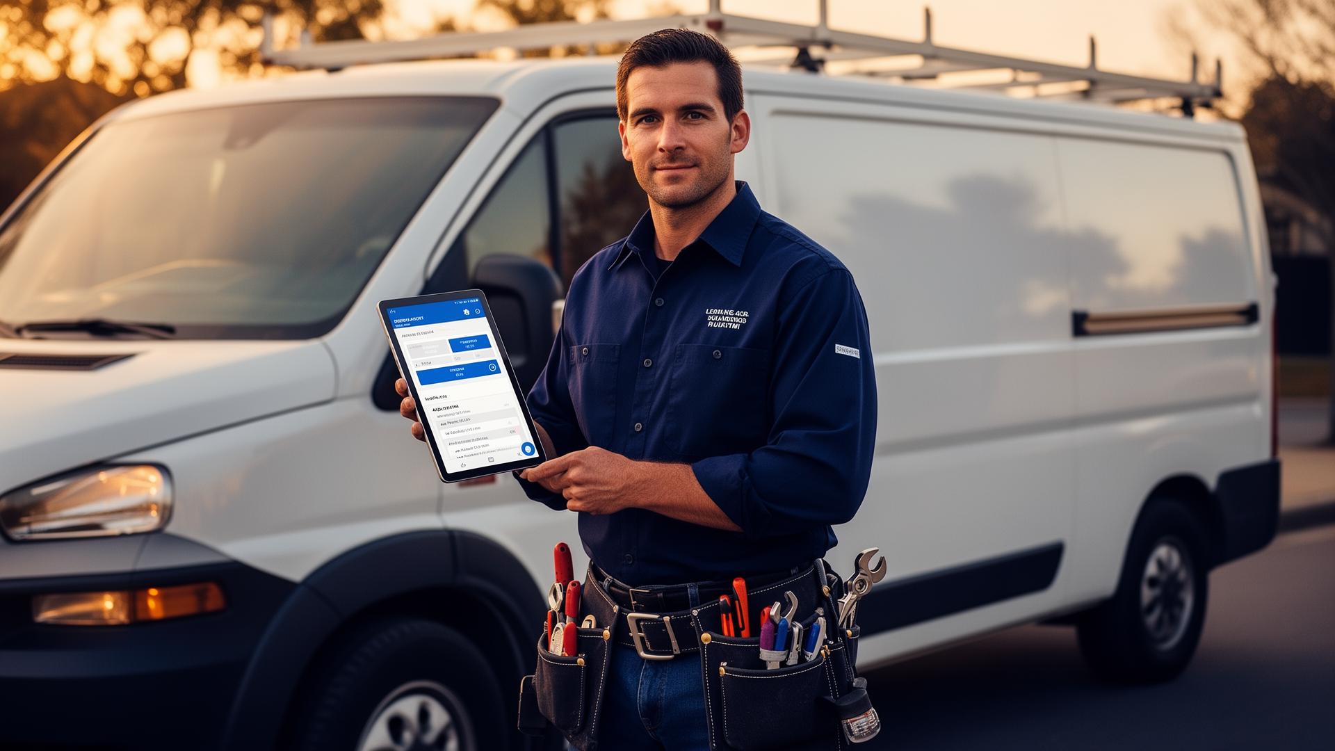 Independent tradesman next to service van checking the LetMeWork app on a tablet at sunset